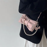 Lkblock Sweet Bow Pink Shoulder Bag Women Fairycore Aesthetic Pearl Leather Handbag Female Harajuku Solid Messenger Bag
