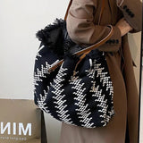 Lkblock New Tassel Cotton Linen Tote Bag Woven Commuter Shoulder Bag Large Capacity Handbag Casual Tassel Travel Shopping Bag Wholesale