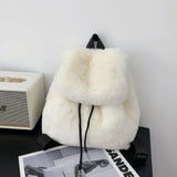 Lkblock Japanese Girls Students Fluffy Backpack New Sweet Drawstring Solid All Match Schoolbags Women Casual Fur Y2k Aesthetic Backpacks