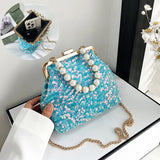 Lkblock New Pearl Sequins Luxury Evening Bags for Women Metal Hasp Tote Wedding Party Clutch Shoulder Chain Handbags Shiny Coin Purse