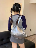 Lkblock Korean 2024 New Silver Fashion Design PU Leather Large Capacity Tote Bag for Women Student Commuting Shoulder Bag Handbag Ins