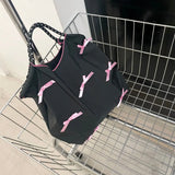 Lkblock Y2k Bow Knot Handbag Kawaii Shopping Large Capacity Tote Girl Sweet BowPouch Korean Black Pink Bag Women Valentine's Day Gift