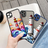 Lkblock Blue Wave Phone Case For iphone 16 15 12 11 13 Pro Max Lighthouse Illustration Cover For iphone X XR XS 7 8 14 Plus Shells