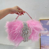 Lkblock Luxury Feathers Handbags Designer Rhinestone Evening Bags for Women Diamond Shoulder Crossbody Bag Pearl Faux Fur Wedding Purses