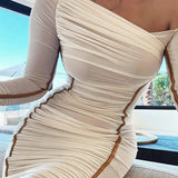 Lkblock Off The Shoulder Mesh Long Sleeve Midi Long Dress Party Prom Y2K Streetwear Elegant Evening Summer Casual Clothing