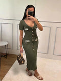 Lkblock Elegant Knitted Long Dress Women Summer V Neck Single Breatsed Short Sleelve Bodycon Dresses Fashion Party Office Lady Vestidos