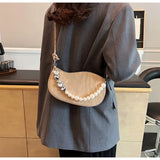 Lkblock Pink Pearl Womens Shoulder Bag Elegant Chains Beading Leather Korean Fashion Handbag Commuter Casual Ladies Aesthetic Bags