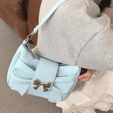 Lkblock Pink Bow Womens Shoulder Bag Korean Fashion College Style Elegant Handbag Square Pleated Sweet Casual Leather Armpit Bag