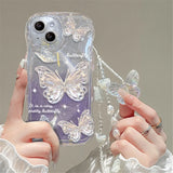 Lkblock Luxury Butterfly Glitter Clear Soft Case For iPhone 15 14 13 12 11 Pro Max XR XS X 7 8 Plus Hang Chain Lanyard Silicone Cover