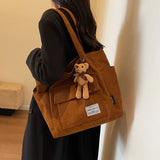 Lkblock Corduroy Large Tote Bag with Pendant New Fashion Simple Style Handbag Large Capacity Student Side Bags for Women