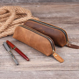 Lkblock Vintage Genuine Leather Pencil Case Retro Handmade Pencil Bag Portable Zipper Cosmetics Storage Pouch School Office Supplies