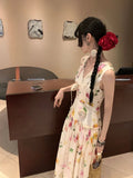 Lkblock Summer Woman Holiday Dress Elegant Floral Midi Dress Beach Style Sexy Sleeveless Dresses Harajuku Outwear Korean Fashion Dress