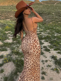 Lkblock Fashion Leopard Print Summer Dresses Women 2024 Sexy Spaghetti Strap Backless Bodycon Slit Long Holiday Beach Dress Streetwear