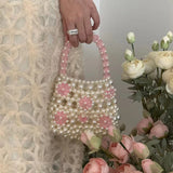 Lkblock Ins Flower Pearl Hand Bags for Women Portable Cut Lovely Small Handmade Woven Pink Purses Customized Designer Purse