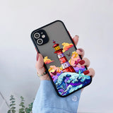 Lkblock Blue Wave Phone Case For iphone 16 15 12 11 13 Pro Max Lighthouse Illustration Cover For iphone X XR XS 7 8 14 Plus Shells