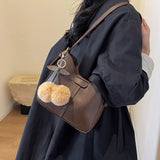 Lkblock Simple Women Bucket Shoulder Bags New Solid Handbags with Plush Pendant Retro Large Capacity Tote Bags Pu Leather Messenger Bag