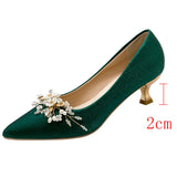 Lkblock Flowers Pointed Toe Pumps for Women New Green Silk Low Heels Shoes Woman Slip on Thin Heeled Lady Shoes Green Party Shoes