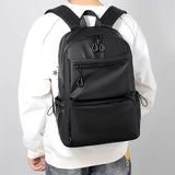 Lkblock 14 Inch Men's Backpack Large Capacity Travel Leisure Solid Color Pu Computer Backpack Fashion Men And Women Students Schoolbag