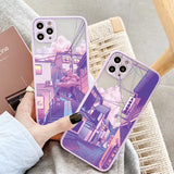 Lkblock Japan Anime Landscape Phone Case For iPhone 16 11 15 12 14 Pro Max 12 13 Mini 7 8 Plus X XR XS Matte Purple Street View Cover