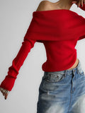 Lkblock Elegant Red Off Shoulder Sweater for Women Autumn Fashion Long Sleeve Knitted Pullovers Female Casual Slim Jumpers 2024 Knitwear