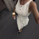 Lkblock Vintage Knitted Sleeveless Long Dress Women Summer Solid Single Breatsted Elegant Bodycon Dresses Party Evening Office Lady Robe