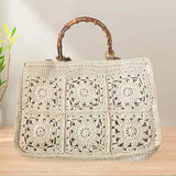 Lkblock Bohemian Rope Crochet Tote Bamboo Handle Handbags National Style Knitting Shoulder Bag Hollow Travel Beach Bags for Women