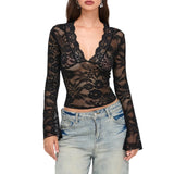 Lkblock Sexy Clubwear Women Sheer Mesh Crop Tops Low Cut See Through Tee Shirts Lace Floral Embroidery Y2k  Clothes