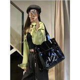 Lkblock Vintage Black Y2k Handbag Women Cool Girls Leather Large Capacity Tote Bag Ladies Moto Biker Casual Crossbody Bags