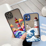 Lkblock Blue Wave Phone Case For iphone 16 15 12 11 13 Pro Max Lighthouse Illustration Cover For iphone X XR XS 7 8 14 Plus Shells