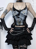 Lkblock New Punk Grunge Fairy Y2K Tops Gothic Dark Style Sexy Lace Patchwork Printed Glass Bead String Strap Top for Women