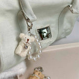 Lkblock Plush Teddy Bear Pearl Bracelets Cell Phone Chain Cute Doll Bag Charms Keychain Pendant Girl Heart Hanging Ornament