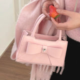 Lkblock Pink Womens Handbag Cute Bow Small Pu Leather Fashion Elegant Casual Shoulder Bag Literary Advanced Female Crossbody Bag