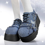 Lkblock Y2K Star Print Chunky Platform Ankle Boots Women New Metal Chain Blue Denim Boots Woman Cute Thick Bottom Jk Lolita Shoes