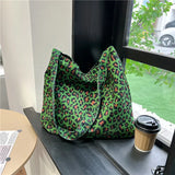 Lkblock Women's Corduroy Shoulder Crossbody Bag Green Leopard Print Cloth Large Capacity Handbag Casual Travel Shopping Totes