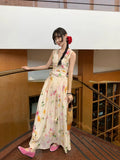 Lkblock Summer Woman Holiday Dress Elegant Floral Midi Dress Beach Style Sexy Sleeveless Dresses Harajuku Outwear Korean Fashion Dress