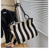 Lkblock Korean Stripes women handbag Large Capacity Thick chain Shoulder bags for female Shopping bag Canvas big Totes