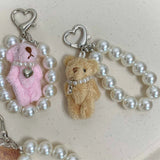 Lkblock Plush Teddy Bear Pearl Bracelets Cell Phone Chain Cute Doll Bag Charms Keychain Pendant Girl Heart Hanging Ornament