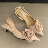 Lkblock Elegant Satin Flower Designer Sandals Women Mule Shoes 2024 Summer Pointed Toe Pumps Low Heel Flowers Slingback Sandals Female