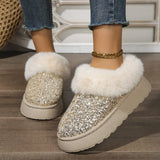 Lkblock Ankle Snow Boots Women Winter New Fashion Shiny Fur Short Plush Warm Flats Slippers Platform Shoes Indoor Cotton Flip-Flops