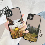 Lkblock Retro Scenery Painted Phone Case For iphone 16 7 8 Plus SE2 X XS XR 16 14 12 13 11 Pro Max Large Flower Fields Log Cabin Covers