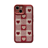 Lkblock Embroidery Love Heart Plush Phone Case for IPhone 15 14 13 12 11 Pro Max Xs Max XR 7 8 Plus Lens Protection Plaid Tpu Back Cover