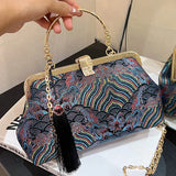 Lkblock 2024 Vintage Women Floral Clutch Designer Lock Shell Clip Handmade Chain Shoulder Bags Crossbody Bags Tassel Glitter Handbags