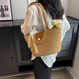 Lkblock Women's Woven Shoulder Bag New Large Capacity Tote Bag Casual Knit Beach Vacation Handbags Eco Reusable Shopper Pearl Decoration