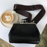 Lkblock Women Messenger bag Retro Kiss Lock Shoulder Crossbody Bags for Female Clip Bag Black Pu Leather Handbags Phone Purse