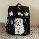 Lkblock Y2k Womens Backpack Black Cute Cat Patchwork Casual Fashion Pu Leather Backpack Popular Designer Gothic Kawaii Female Bag