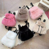 Lkblock Japanese Girls Students Fluffy Backpack New Sweet Drawstring Solid All Match Schoolbags Women Casual Fur Y2k Aesthetic Backpacks