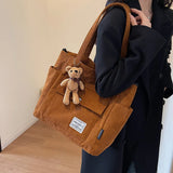 Lkblock Corduroy Large Tote Bag with Pendant New Fashion Simple Style Handbag Large Capacity Student Side Bags for Women