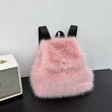 Lkblock Japanese Girls Students Fluffy Backpack New Sweet Drawstring Solid All Match Schoolbags Women Casual Fur Y2k Aesthetic Backpacks