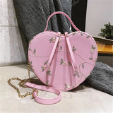 Lkblock Pink Aesthetic Lace Flower Embroidered Heart-shaped Handbag with zipper closure and chain bag