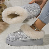 Lkblock Ankle Snow Boots Women Winter New Fashion Shiny Fur Short Plush Warm Flats Slippers Platform Shoes Indoor Cotton Flip-Flops